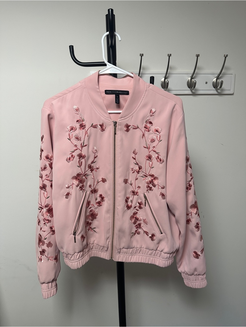 White House Black Market Pink Floral Embroidered Bomber Jacket
